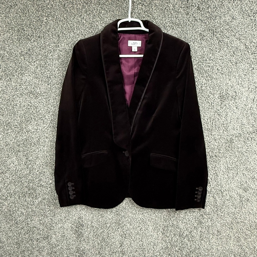 Ann Taylor Loft Brown Velvet Blazer Shawl Lapel Purple Lining Size 10